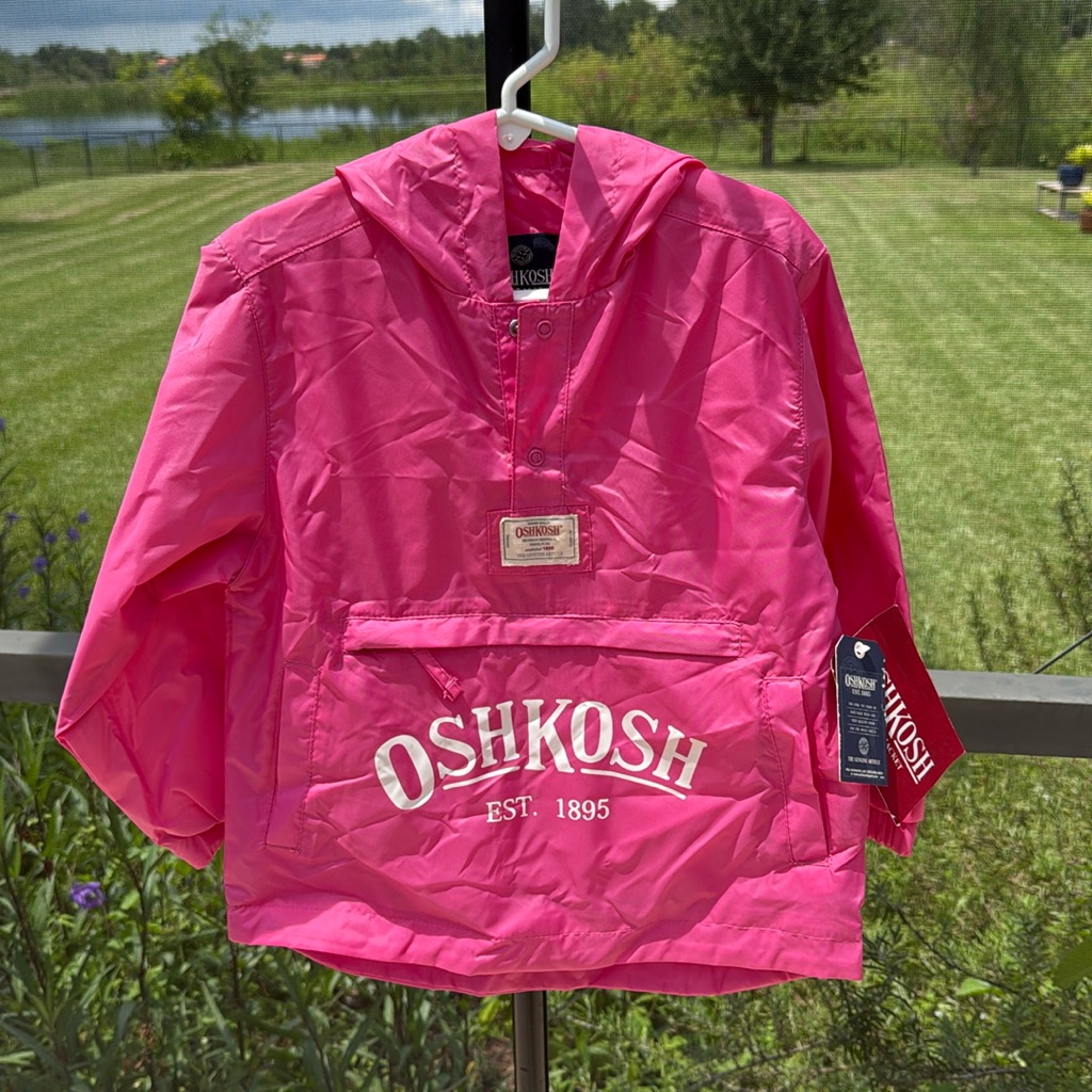 Oshkosh Pink & White Wind/Rain Packable Hoodie Pullover Jacket Size 4/5 Nwt